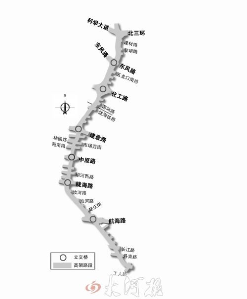 截至目前，僅剩西三環(huán)跨長江路、丹青路高架橋金水河處一座箱梁尚未澆筑。