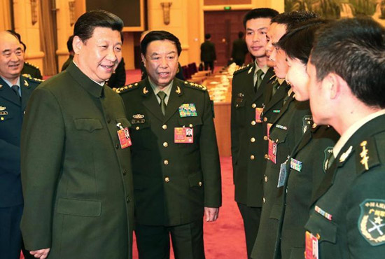 中共中央總書記、中共中央軍委主席習(xí)近平出席十二屆全國人大一次會議解放軍代表團(tuán)全體會議并發(fā)表重要講話。