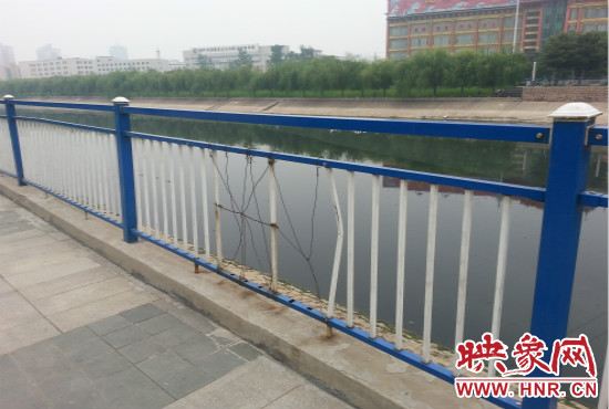 公園內(nèi)多個護(hù)欄中間的鋼筋條不翼而飛，僅僅是用幾根細(xì)細(xì)鐵絲纏住。