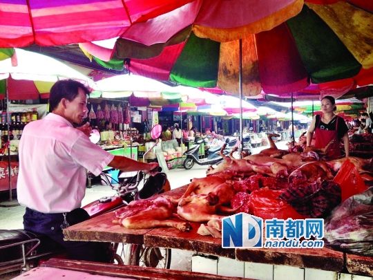  昨日，玉林垌口市場，一位市民在購買狗肉。