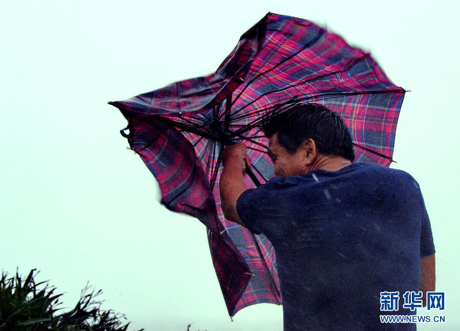 8月8日，福建省石獅市漁民在風雨中前行。